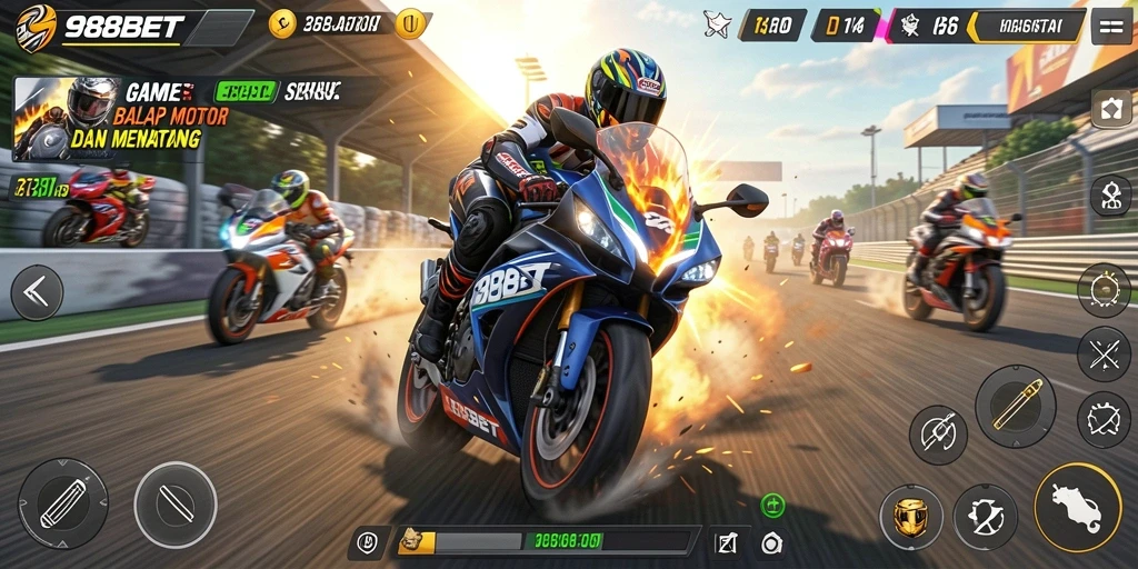 Tampilan gameplay seru di 988BET dengan berbagai motor cepat.