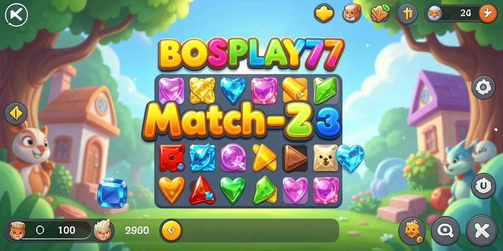 Gameplay seru BOSPLAY77 dengan grafis Match-3 yang menarik.