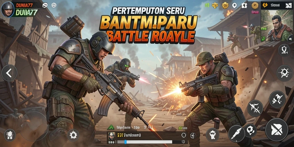Screenshot menampilkan aksi seru dalam permainan Battle Royale DUNIA77.