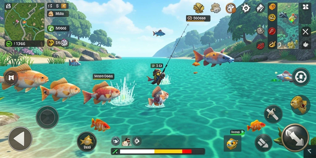 Tampilan gameplay MPO666 saat menangkap ikan di danau yang indah.