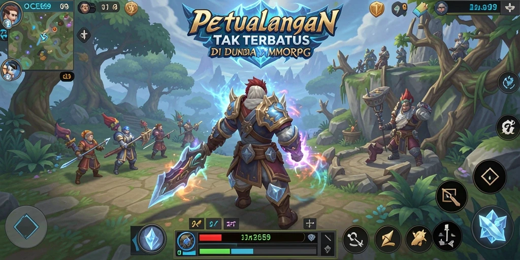 Screenshot utama OCE69 menampilkan pertempuran epik di dunia MMORPG yang luas.
