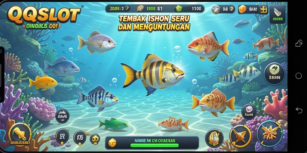 Screenshot gameplay QQSLOT dengan ikan yang berwarna-warni dan seru.