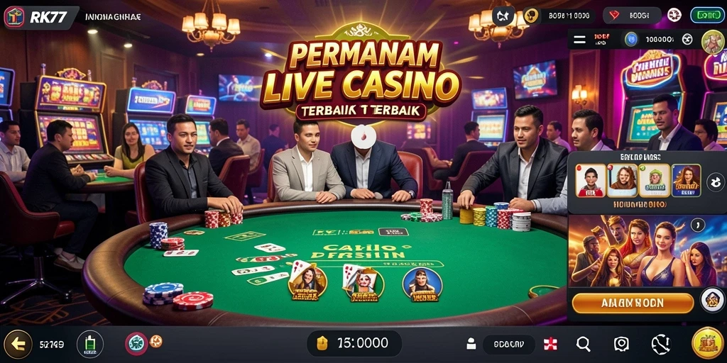 Screenshot gameplay RK77 menampilkan dealer langsung dan suasana kasino yang hidup.