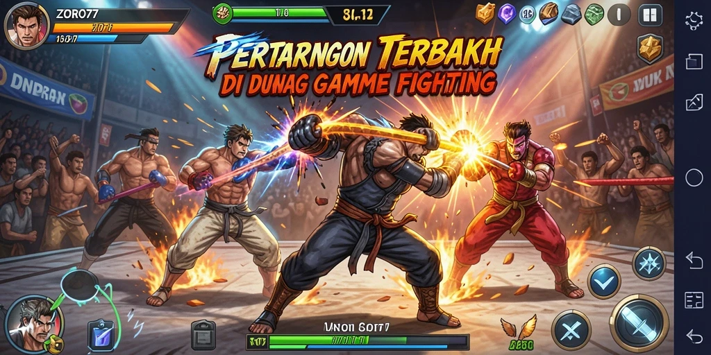 Gameplay seru ZORO77 dalam pertarungan antar karakter.